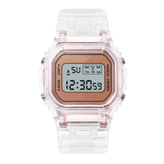 Transparentné digitálne hodinky na ruku