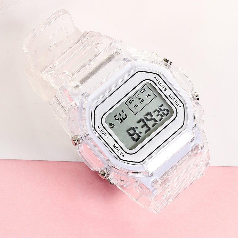 Transparentné digitálne hodinky na ruku