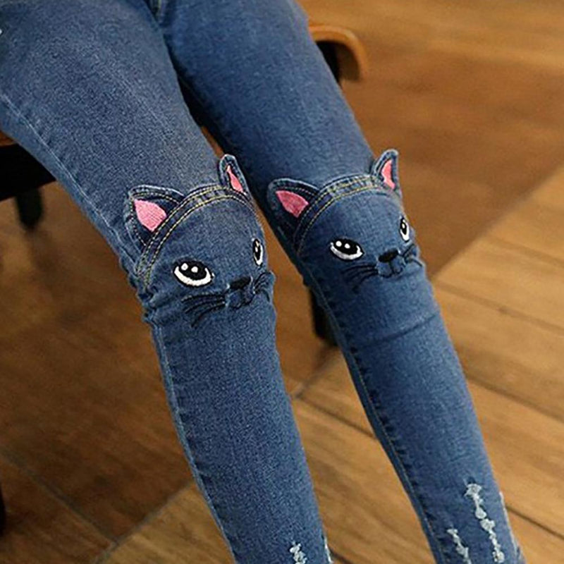 Dievčenské zdobené džínsy s mačičkou