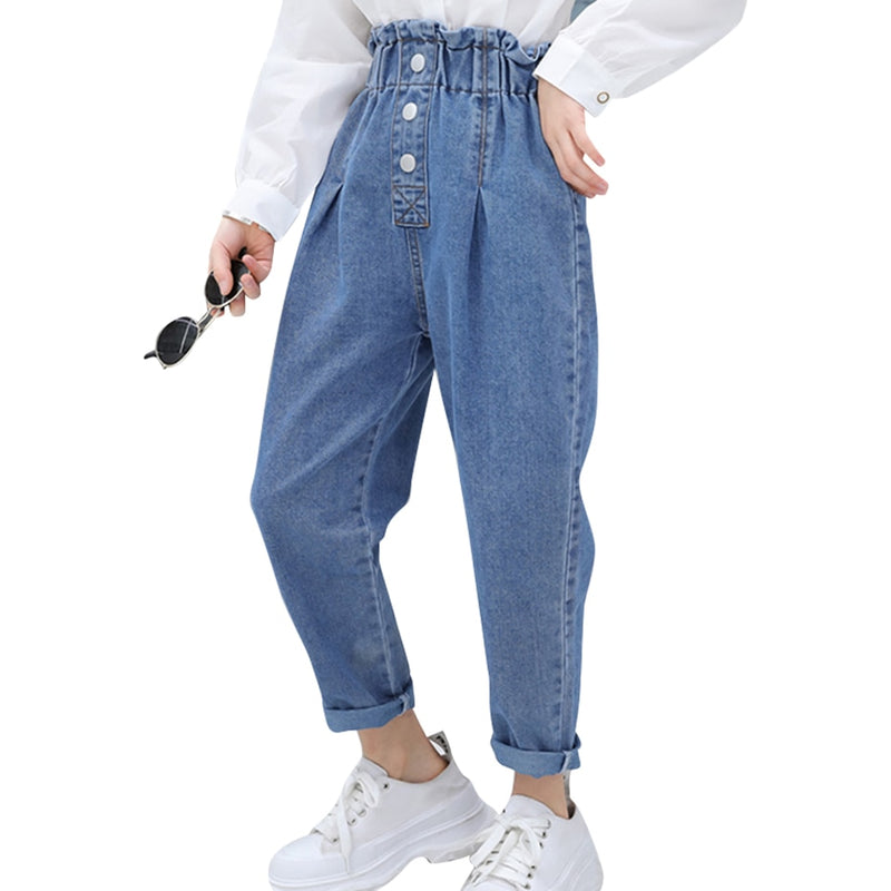 Dievčenské džínsy s vysokým pásom do gumy