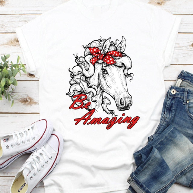 Dámske biele tričko s potlačou koňa