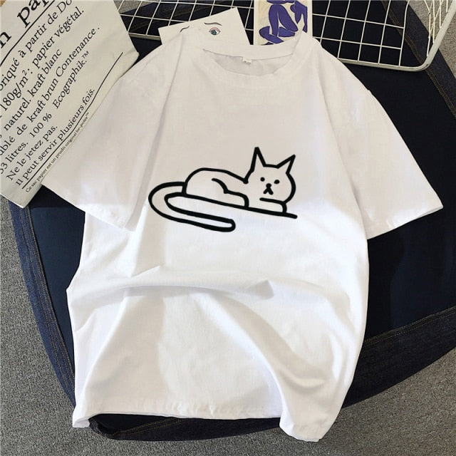 Dámske biele voľné tričko s kresbou mačky