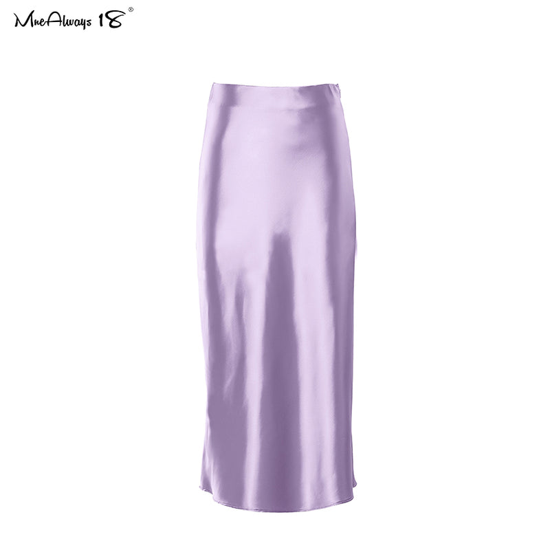 Dámska jednofarebná fialová saténová hodvábna sukňa